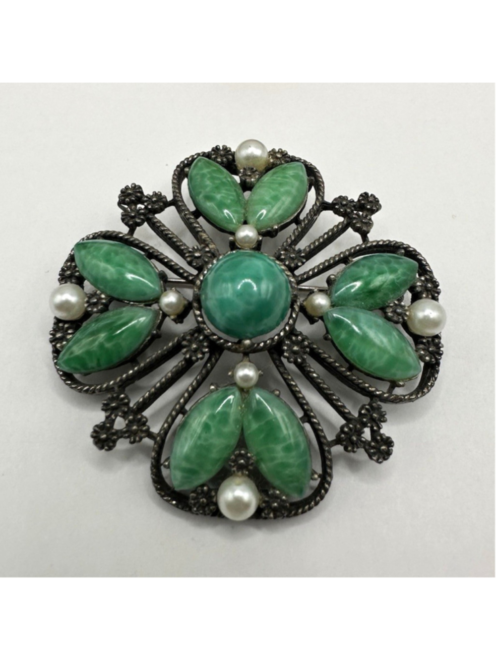 Ornate Green Cabochon Faux Pearl Flower Brooch Pin Signed Silver Tone Filigree